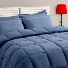 TAIMIT Slate Blue Full Size Comforter Set - 7 Pieces, Bed in a Bag Bedding Sets with All Season Soft Quilted Warm Fluffy Reversible Comforter,Flat Sheet,Fitted Sheet,2 Pillow Shams,2 Pillowcases