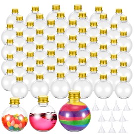 Baderke 30 Pcs Spherical Plastic Potion Bottles for Kids 3, 5, 6 oz Ball Shape Round Sand Art Bottles 10 Pcs Funnels for Wedding Cocktail Ornament Decorative Candy Jar DIY Crafts(Gold,Aluminum)