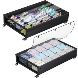 Simple Trending Under Bed Storage Containers with Wheels, 2 Pack Extra Large 120L Shoe Organizer with Clear Lid, 10 inch Tall Rolling Metal Drawer Bin for Blanket Clothes, Black
