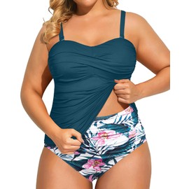 Aqua Eve - Traje de baño tankini de dos piezas para mujer, talla grande, sin tirantes, con parte inferior de cintura alta, Verde azulado (Teal Flower), 16 Plus