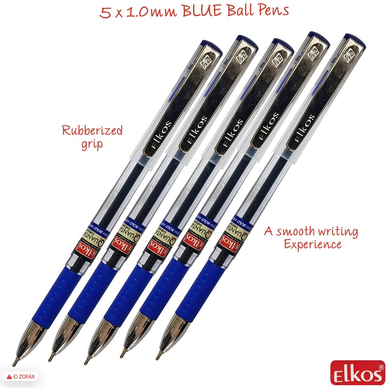 ELKOS BLUE Ballpoint Pens, 1.0mm Medium Point, Pack of 5,