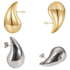 2 Pairs Teardrop Earrings Dupes,Chunky Gold/Silver Hoop Earrings for Women,Chunky Hoop,Earring Dangle Water Drop,Hypoallergenic Earring Set for Women Girls