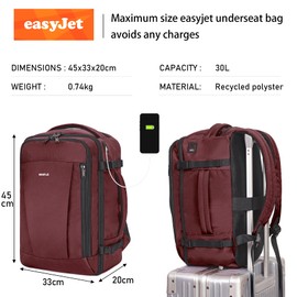 ECOHUB Easyjet Cabin Bag 45x36x20 Underseat Bag Travel Backpack 13 Pocket Hand Luggage Bag Waterproof Recycled PET Eco Friendly Carry On Bag for Women & Men 30L Cabin Rucksack Red
