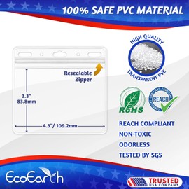 EcoEarth - Horizontal PVC Card Protector with Metal Clips and Vinyl Straps with Soft Edge - Sealable Fits 4x3 inch Inserts - Clear, 10 Pack - Waterproof ID Holder Bulk - ID Card Holder