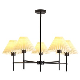 YOGIRL Black Chandelier Light Fixture, 32-inch Dining Room Chandeliers Light, White Pleated Fabric Pendant Lights for Kitchen Island Lighting Living Room Flush Mount Ceiling Lights
