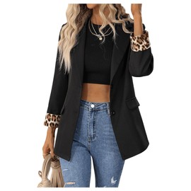 Floerns Women's Contrast Leopard Blazer Lapel Button Down Long Sleeve Office Blazer Jacket Black Medium