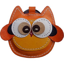 Key Ring with Funny Owl Pendant Made of Real Leather, Orange/Black, 2.5 x 6 "