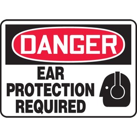 Accuform Signs MPPE031VS Adhesive Vinyl Safety Sign, Legend "Danger Ear Protection Required" with Graphic, 7" Length x 10" Width x 0.004" Thickness, Red/Black on White