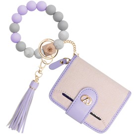 SNUG STAR Portable Round Bangle Keychain, Credit Card Holder Pocket Bracelet Keyring, Waterproof, Faux Leather, 16 Cards Slots, Silicone Bracelet & RFID Cards Holder, Woven Purple