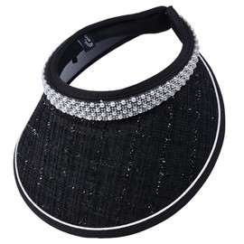 LeafIn 8433 Women's Sun Visor, Hat, Straw, Pearl, Sun Protection, UV Protection, UV Protection, Wide Brim, Summer, Cute, A-Black, Free size