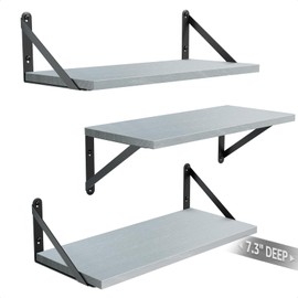 COCOYA Wall Shelves 7.3" Deep Set of 3, Solid Paulownia Wood Wider Longer Sturdy Easy to Install Wall Mounted Bookshelves Storage Shelves Bathroom Home Office Laundry Room Bedroom Organizer Gray