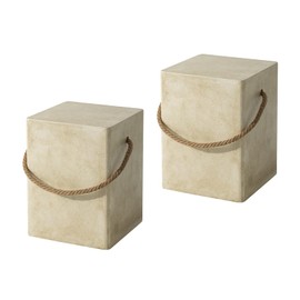 COSIEST Set of 2 Concrete Side Table, Rectangular Outdoor Side Table w Hemp Rope Handles,15''Patio Side Tables End Table, Outdoor Accent Side Table for Garden and Patio, Beige