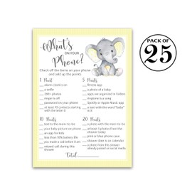 GENDER NEUTRAL Baby Shower Game — WHAT'S ON YOUR PHONE Baby Shower Game — Pack of 25 — YELLOW ELEPHANT Baby Shower Games, Cute Yellow Polka Dot Baby Elephant Baby Shower Game Activity, SKU G521-PHN