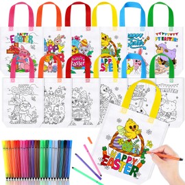 HOWAF 12pcs Easter Coloing Goodie Bags, Color Your Own Easter Bag, Rabbit Bunny DIY Graffiti Non-Woven Bags Egg Hunt Tote Bags Spring Crafts for Kids Favors