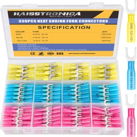 Haisstronica 330PCS Heat Shrink Fork Connectors #10 Waterproof Marine Grade Fork Terminal Connectors Blue Red Yellow 22-10 Gauge
