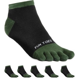 FUN TOES Women's Cotton Toe Socks-Barefoot Running- Breathable- 6 Pairs Pack-Size 9-11 Lightweight (Black/Green)