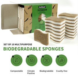 KICKLEEN 16 Pack Biodegradable Natural Kitchen Sponge - Compostable Cellulose and Coconut Walnut Scrubber Sponge - Eco Friendly Sustainable Sponges for Dishes