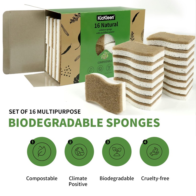 KICKLEEN 16 Pack Biodegradable Natural Kitchen Sponge - Compostable Cellulose