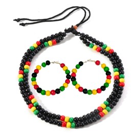 QRH Juneteenth African Beaded Earrings Necklace Set Jamaica African Hoop Earrings Wood Beads Necklace Africa Jewelry Set Black History Month Jewelry Costume Accessory