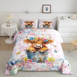 Feelyou Highland Cow Comforter Set King Size Cute Highland Cattle Bedding Set for Kids Boys Girls Teens Toddler Wild Animal Duvet Set Colorful Flower Quilt Set 3Pcs