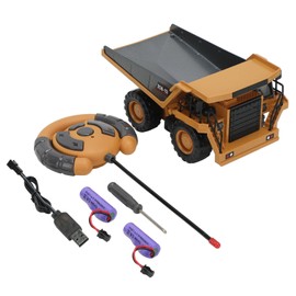 RC Dump Truck 1/24 4 Wheel Drive 6 Channels 2.4Ghz Plastic Metal Yellow Grey Construction Vehicle Toy for Above 8 Years Old Dual Batteries