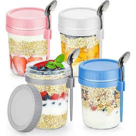 DRKIO 4 Pack Overnight Oats Containers with Lids and Spoons 16 Oz Glass Mason Jars for Overnight Oats Leak Proof Oatmeal Container Great for Cereal Fruit Vegetable Milk Salad Yogurt Meal Prep