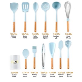 Keidason Kitchen Cooking Utensils Set, 13 Piece Wooden Handle Silicone Cookware Set with Stand,Nonstick Heat Resistant Silicone Tool Set - Morandi Blue（ BPA Free）
