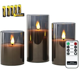 Rhytsing 3 Velas led de Cristal Gris con Mando para Navidad, Velas a Pilas con Temporizador Decorativas Grandes, Altura 10cm / 12,5cm / 15cm (Gris)