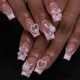 French Press Pearl Nails in Heart & Camellia Design - Artificial Acrylic Medium Coffin Nails, Reusable Glue On for Women