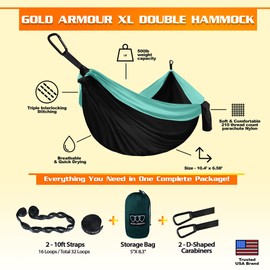 Gold Armour Camping Hammock - XL Double Hammock Portable Hammock Camping Accessories Gear for Outdoor Indoor with Tree Straps, USA Based Brand (Black and Seafoam)