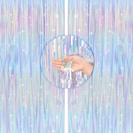 Anwyll Iridescent Metallic Foil Fringe Backdrop Curtains,2Pack Tinsel Curtain Party Streamers Photo Backdrop for Birthday Decoration,Glitter Rainbow Backdrop for Wedding Bachelor Party Decorations