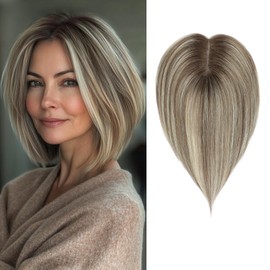 Hair Toppers for Thinning Hair Women Real Hair Real Human Hair 10 Inch Hair Toppers for Women Human Hair Upgrade Swiss Base Hair Topper Hair Pieces for Women (Ombre Brown with Blonde Highlight)