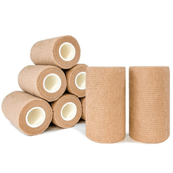 [8 Pack 4" x 5 Yards] Beige-Self Adhesive Cohesive Bandage Wrap, Self Adherant Non-Woven Wrap Rolls, Atheletic Tape for Wrist, Ankle, Hand, Leg, Premium-Grade Medical Stretch Wrap