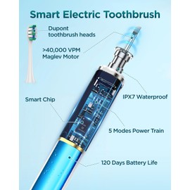Rtauys S5 Electric Toothbrush Set IPX7 with 8 Brush Heads, Sonic Toothbrush for Adults Rechargeable with Travel Case, 2.5 Hours Charge for 120 Days, 5 Modes with 2 Minutes Built in Smart Timer Blue