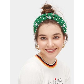 LINXI Pearl Knotted Headband for Women Girls, Rhinestone Top Knot Crystal Headband Jeweled Fashion Headpiece Wide Head Band for Women's Hair Accrssories (Green, M)