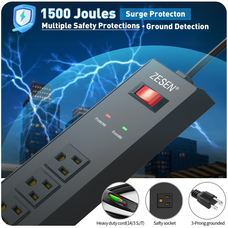 7 Outlet Metal Long Power Strip with Overload Protection 6ft