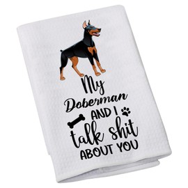 LEVLO Doberman Lovers Gift My Doberman and I Talk About You Kitchen Towel Dog Owner Dish Towel(My Doberman)