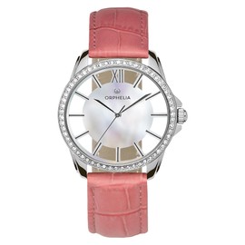 ORPHELIA Women's Analogue Watch Epoch Stone Studded Bezel with Leather Strap, pink, Ribbon