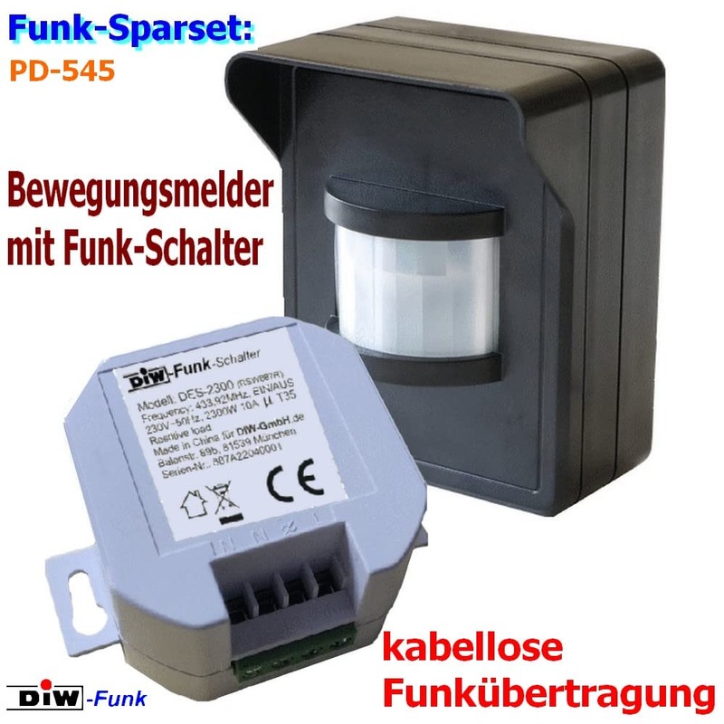DIW-FUNK PD-545 Wireless Motion Sensor IP44 in Set with Wireless