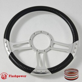 Flashpower 14'' Billet Half Wrap 9 Bolts Steering Wheel with 2'' Dish and Horn Button(Carbon Vinyl)