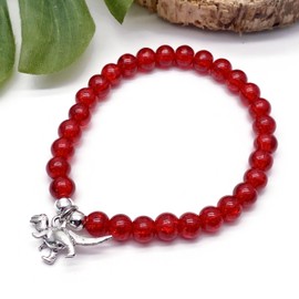 Dinosaur Charm Bracelet, Cute 6mm Bright Red Crackle Glass Beads on Elastic : Size XS/S 6.5 inches, Jewellery Gift for Dino Lover, Beaded Dinosaur Bracelet