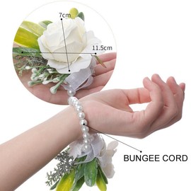 Wrist Corsage and Boutonniere Set Artificial Brides White Rose Wristlet Band Bracelet and Men Boutonniere for Wedding Party Prom Flowers Accessories Decor