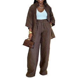 Voghtic 2 Piece Outfits For Women Lounge Sets 3/4 Sleeve Button Down Shirts And Wide Leg Pants Sets