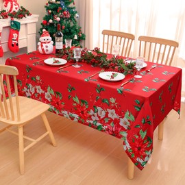 homing Christmas Rectangle Tablecloth – Red Poinsettia Flower Holly Holiday Wrinkle Resistant Spillproof Easy Care Table Cloth for Party and Family Gatherings- 60" x 102"