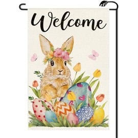 Bunny Easter Welcome Garden Flag 12x18 Inch Vertical Double Sided Spring Easter Eggs Small Flags Farmhouse Outside Decoration For Yard (ONLY FLAG) FH32