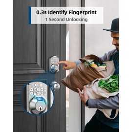 TEEHO TE002K Keyless Fingerprint Deadbolt Door Lock - Smart Lock with Handle and Keypad - Satin Nickel