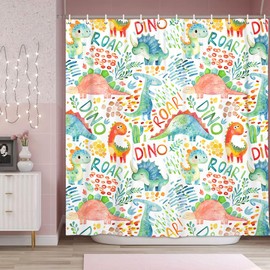 Dongbei Dinosaurs Shower Curtain for Kids Bathroom Cute Dino Bath Curtain Dinosaur Colorful Funny Cartoon Boys Girls Children Bathroom Decor Set Hooks Included 70X70IN