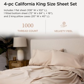 Threadmill Supima Cotton Sheets, 1000 Thread Count Soft 100% Cotton Sheets for Cal King Size Bed, 4 Pc Beige Cal King Bed Sheets Set, 5-Star Hotel Quality, Elasticized Deep Pocket Cal King Sheets