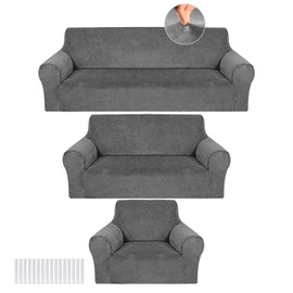 Peryiter 3 Pcs Slipcover Set for Couch Furniture Covers for Sofa Loveseat Couch Arm Chair, Form Fit Stretch, Wrinkle Free, Furniture Protector(Dark Gray,Velvet)