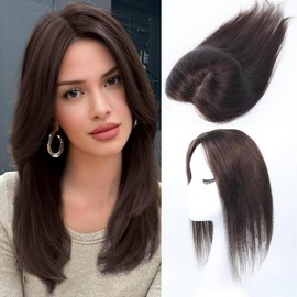 Unipearl Toppers per capelli da donna, capelli veri, marroni, con clip in capelli veri, per capelli sottili, hair topper voluminoso per la sommità della testa, senza frangetta